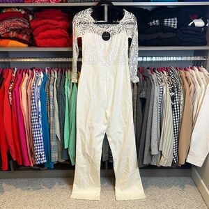 Joyfunear white lace lined bodice 3/4 sleeve jumpsuit size S NWT